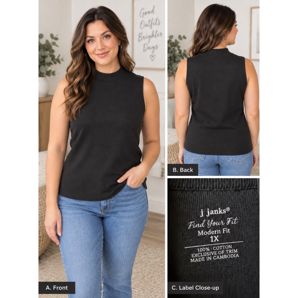 CJ Banks Womens Black Sleeveless Mock Neck Top Cotton Knit Pullover 1X Modern